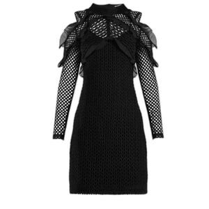 Self-Portrait Purl Knit Lace Cutout Shoulder Dress Black Size 4